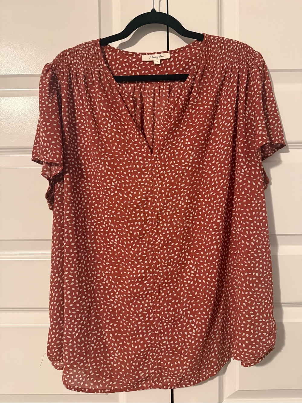 Flutter Sleeve V-Neck Blouse in Rust with White Dot Print